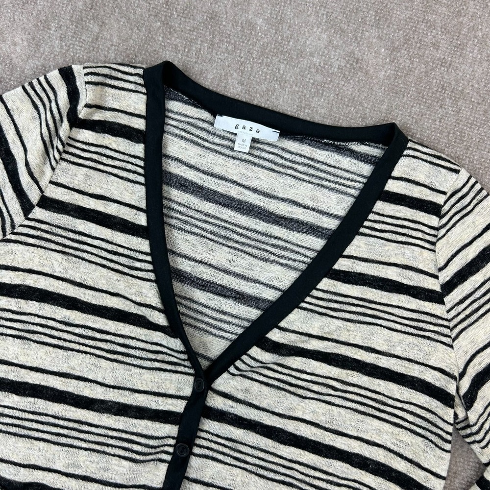 Gaze Cropped Cardigan Sweater Womens Medium Ivory Black Striped Button-Front